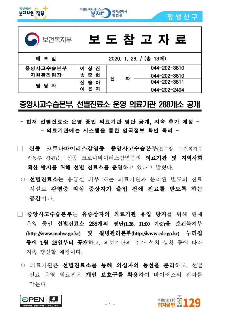 [보건복지부] 중앙사고수습본부, 선별진료소 운영 의료기관 288개소 공개_1.jpg