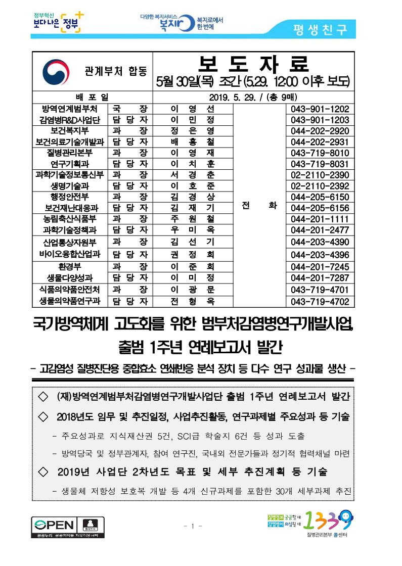 [질병관리본부] 국가방역체계 고도화를 위한 범부처감염병연구개발사업, 출범 1주년 연례보고서 발간_1.jpg